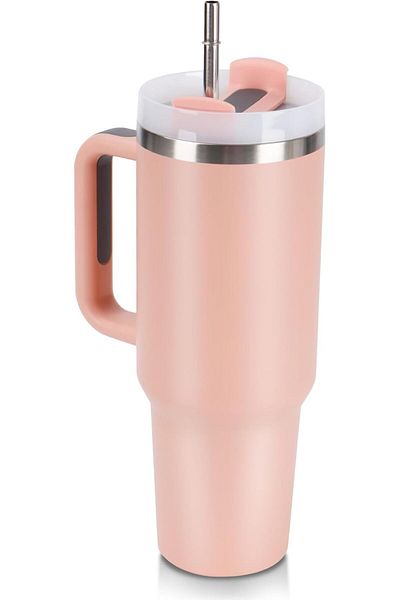 MACON 40oz Pink Insulated Tumbler Double Wall Cup with Straw & Handle for Hot and Cold Drinks