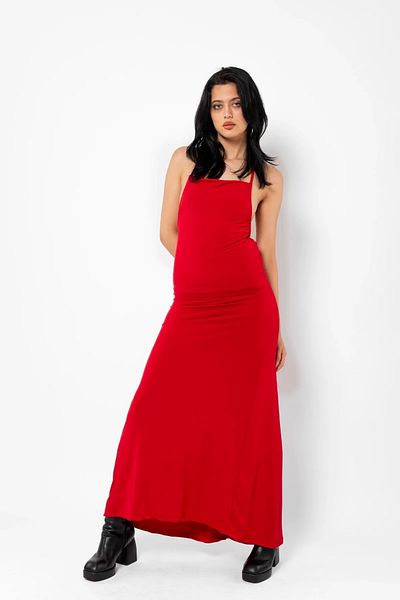 Bak Moda Adjustable Strap Long Back Low-cut Red Dress