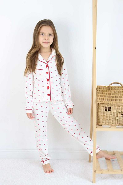 Mai Perla Girls' Pajamas Set Cotton Heart Pattern Long Sleeves and Breathable Comfortable Model 5-13 Years