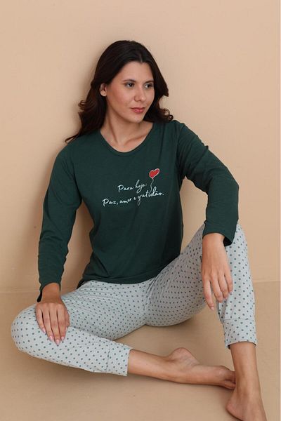 STELLAPİNK Women's Green Printed Long Sleeve Pajama Set