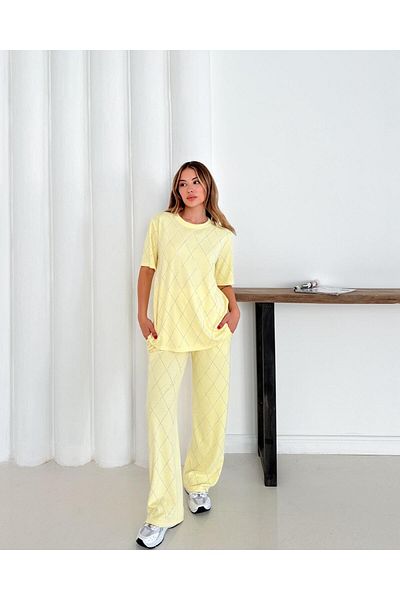 cottonage Women's Casual Diamond Blouse Elastic Waist Pants Modal Set