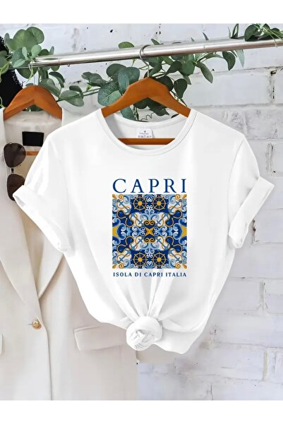 FUFLUNS تي شيرت كابري مطبوع برقبة دائرية كبيرة الحجم