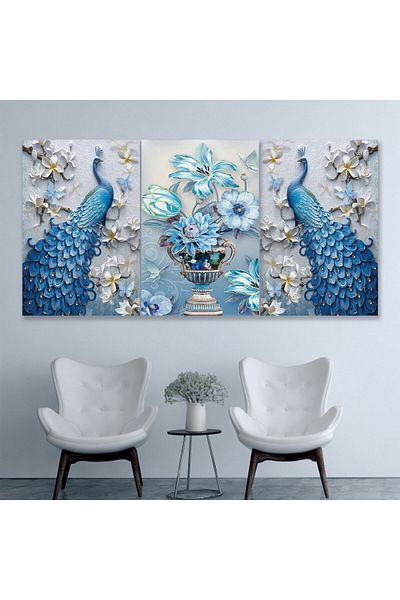 4gdran Three modern peacock canvas paintings with a hollow gold frame