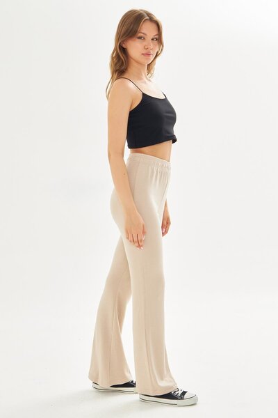 TRENDHİLL Women's Modal Fabric High Waist Wide Leg Sweatpants Beige 8102-B