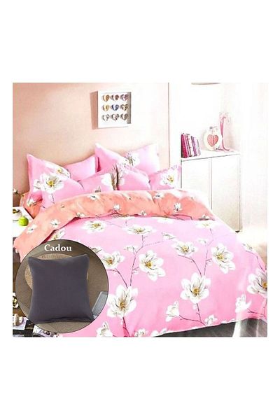 ElastiX Lenjerie de pat din bumbac cu flori roz și albe, 2 persoane, 4 piese,