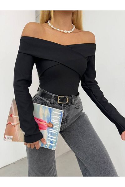 InKitchen Collar Detailed Strapless Blouse Black