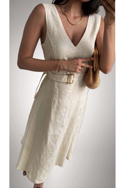 MARE BUTİK V-Neck Linen Midi Dress with Belt Detail