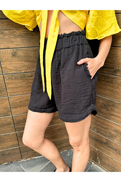 Perky Moth %100 Pamuk 4 Katlı Cepli Siyah Müslin Şort | Hafif & Rahat Tasarım