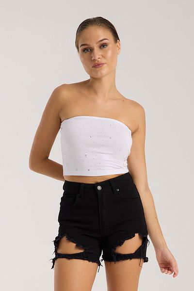 3 ROPE Women's Glitter Stone Strapless Crop Blouse