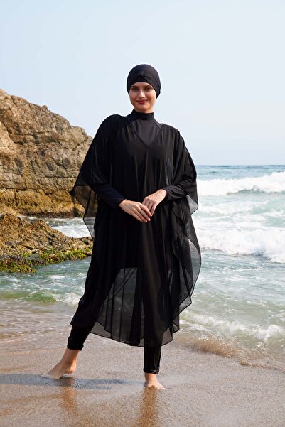 vawensea Kadın Tesettür Mayo Üzerine Siyah Renk Oval Tek Pareo