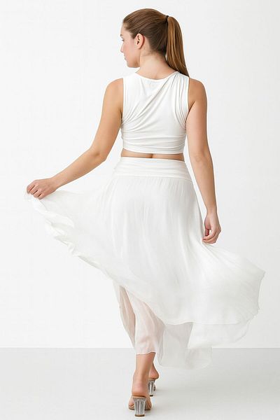AGORATEKSTİL Women's Original Italian Elastic Waist Lined Silk Woven Skirt