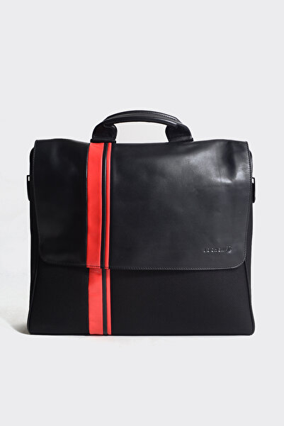 Selin Atelier Siyah Erkek Gerçek Deri Kırmızı Şerit Detaylı Postacı Çantası