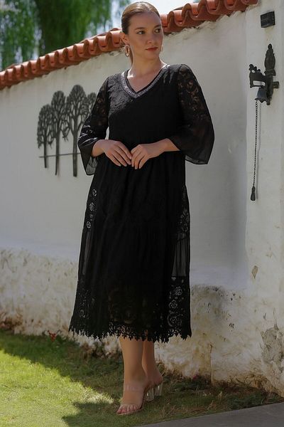 AGORATEKSTİL Women's Original Italian Collar Sequin Fakir Sleeve Lace Cotton Dress