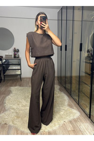 NET OF NOT Hope Bitter Brown Bamboo Linen Blouse Pants Set