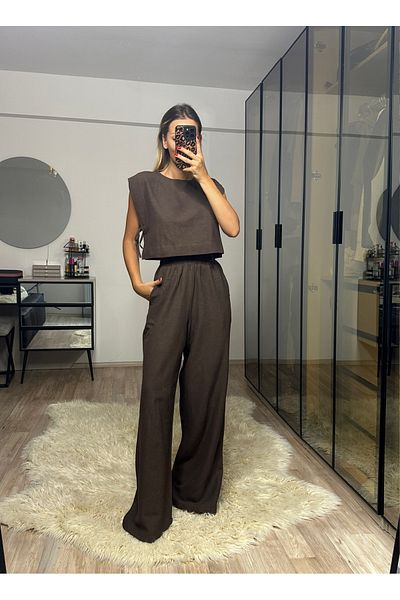 NET OF NOT Hope Bitter Brown Bamboo Linen Blouse Pants Set