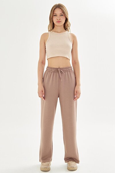 TRENDHİLL Γυναικείο ύφασμα Modal Άνετο Φούτερ με φαρδύ πόδι Καφέ 8101-K