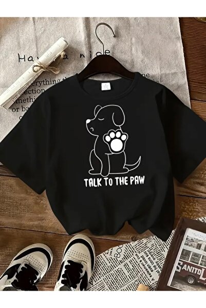 FUFLUNS تي شيرت برقبة دائرية كبيرة الحجم مطبوع عليه TALK TO THE PAW