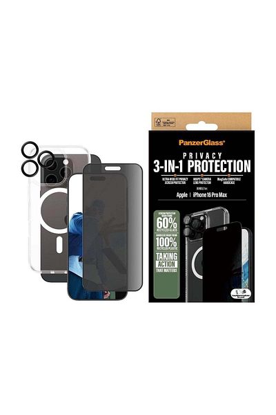 PanzerGlass مجموعة Panzer Glass® 3 في 1 لهاتف iPhone 16 Pro Max 6.9 بوصة (جراب + واقي شاشة للخصوصية + عدسة)
