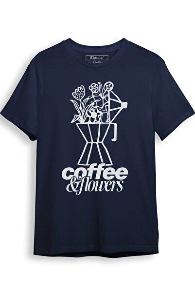 The Baski Tricou premium din bumbac 100% imprimat cu cafea și flori