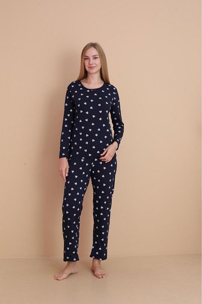 STELLAPİNK Women's Navy Blue Heart Patterned Long Sleeve Pajama Set