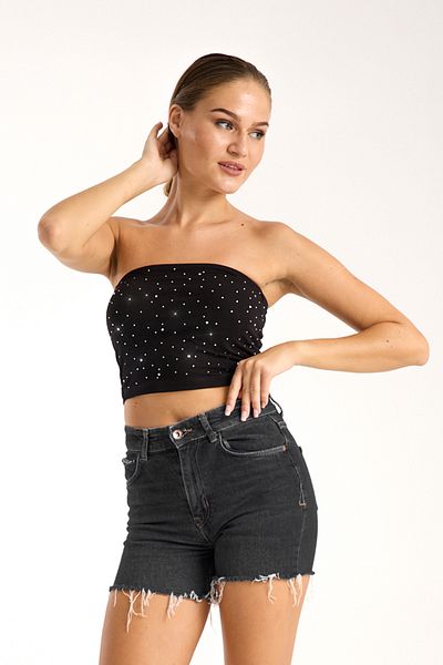 3 ROPE Women's Glitter Stone Strapless Crop Blouse