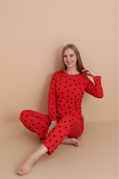 STELLAPİNK Women's Red Heart Patterned Long Sleeve Pajama Set
