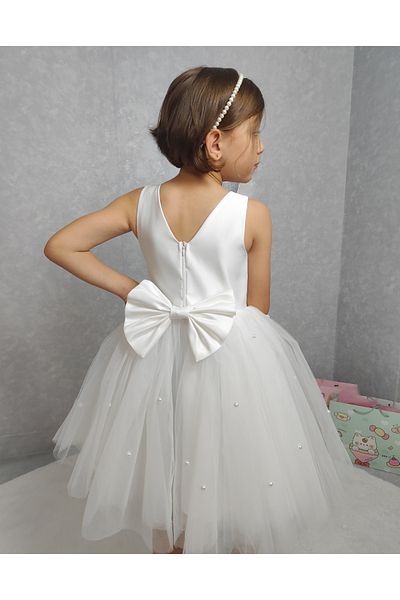 MadyaButik Girl's Island Model Evening Dress White Skirt Pearl Dress