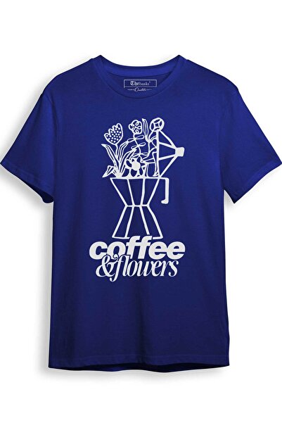 The Baski Tricou premium din bumbac 100% imprimat cu cafea și flori