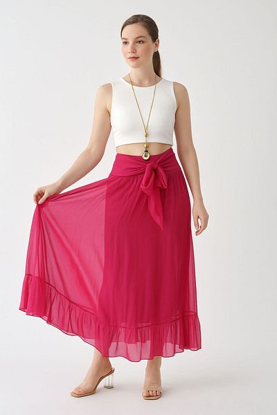 AGORATEKSTİL Women's Original Italian Elastic Waist Lined Silk Woven Skirt