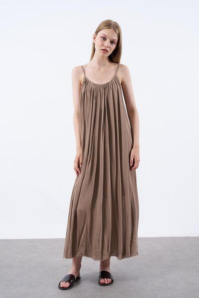 Stil Sepeti Rochie lungă din bumbac căptușită cu șnur, maro, premium, cu guler cu bretele Perry PRY-10003173