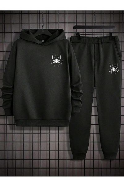 DAXİS Sportwear Company Printed Unisex Bottom Top Combination Black Tracksuit Set - Hooded Sweatshirt Sweatpants Jogger
