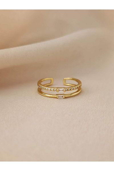 Eva Takı Store Adjustable Gold Gold Color Ring with Two Rows of Zircon Stones
