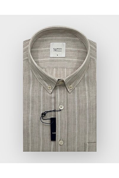 KAMER REGULAR FIT UZUN KOL PAMUKLU DÜĞMELİ YAKA TEK CEPLİ EKOSE BEJ GÖMLEK 3730E