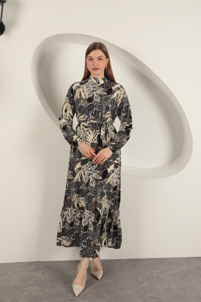 Mylida Viscose Fabric Leaf Patterned Dress-Black