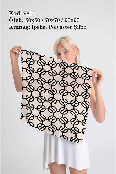 DESENİX وشاح منقوش بحلقة هندسية |   50x50 - 70x70 - 90x90 سم |   شيفون بوليستر حريري