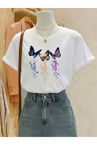 FUFLUNS تي شيرت LIVE LOVE LAUGH مطبوع عليه فراشة كبيرة الحجم برقبة دائرية