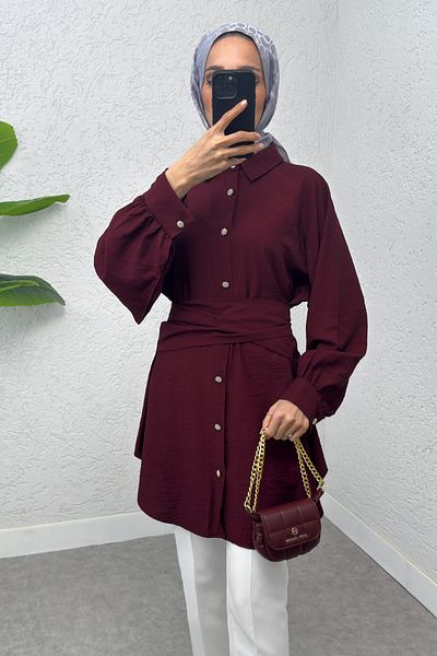 Salih Çelebi Tunic with Integrated Belt 2217 - Claret Red