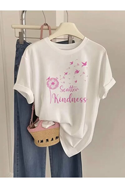 FUFLUNS تي شيرت برقبة دائرية كبيرة الحجم مطبوع عليه SCATTER KINDNESS