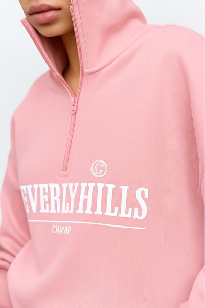 The Champ Clothing Γυναικείο ροζ Beverly Hills γραπτό με μισό φερμουάρ Oversize φούτερ – Κομψό αθλητικό μισό ζιβάγκο