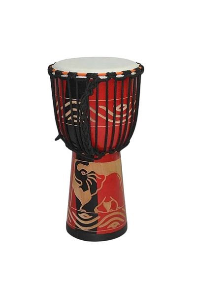 MegArya African Sheep Skin Djembe Drum 8 inch Handmade African Elephant Craved Design With Bag