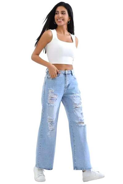 FashionForYou Blugi loose fit Denver, cu perforatii multiple si aspect prespa...