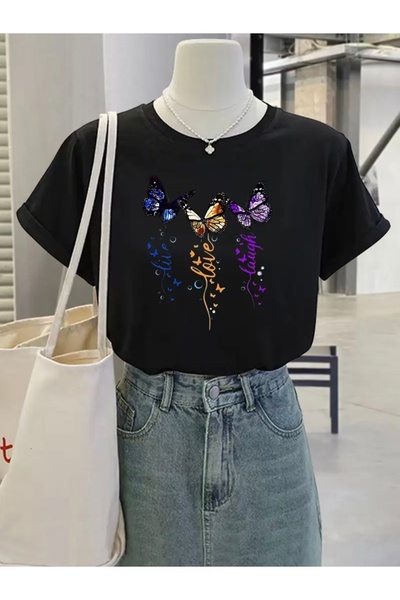 FUFLUNS تي شيرت LIVE LOVE LAUGH مطبوع عليه فراشة كبيرة الحجم برقبة دائرية