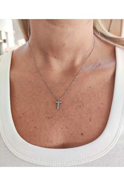 MoS JEWELLERY Gümüş Renk Zirkon Taşlı T Harfli Paslanmaz Çelik Kolye – Suya D...
