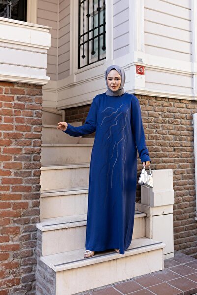 Hb Harma Time Butik Kadın Taş İşlemeli Rahat Kalıp Mavi Elbise