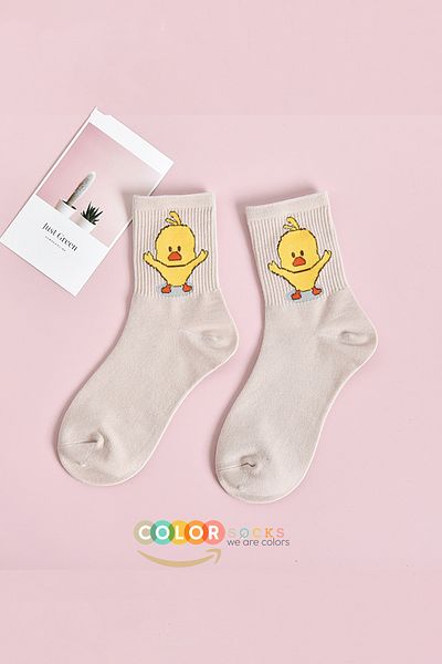 Color Socks 1 Pair Beige Color Chick Patterned Women's Socks