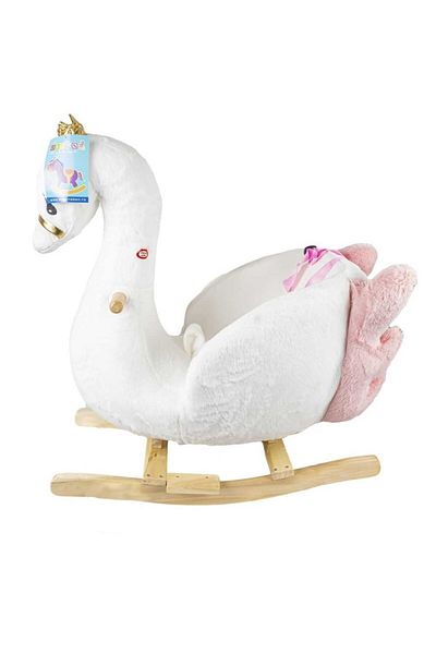 OEM Balansoar Swan pentru copii, bază din lemn, pluș, sunete muzicale