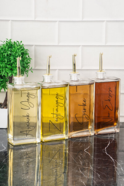 DNS HOME Set of 4 Glass Oil Pot with Gold Lid Sunflower Olive Oil Label Sauce Bowl Vinegar Bowl Oil Pot 500 ml