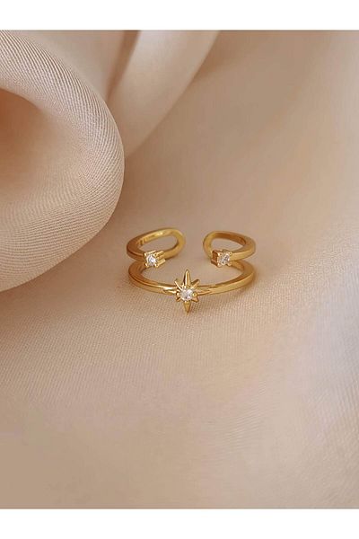 Eva Takı Store Two Rows of Star Zircon Stone Adjustable Gold Gold Color Ring