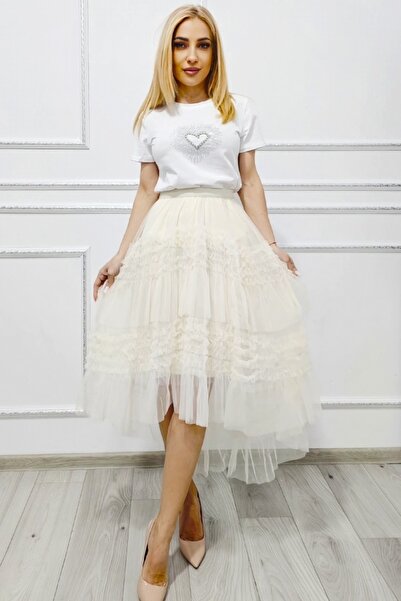 FashionForYou Fustă asimetrică FHAYE, cu volane și elastic în talie, crem