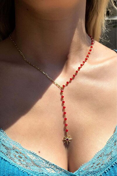 Spossy Silver Jewelry Yarı Zincir, Yarı Kırmızı Mercan Doğal Taşlı Kutup Yıld...